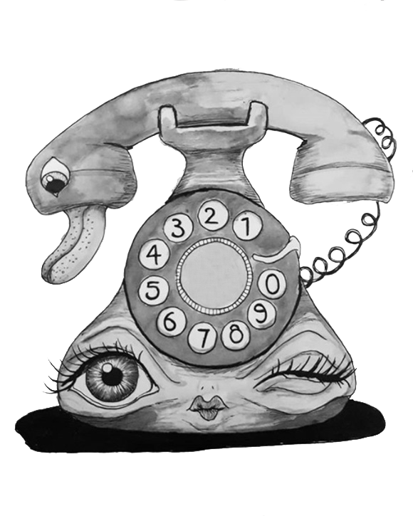 Pen and ink drawing of an old telephone. popsurrealism